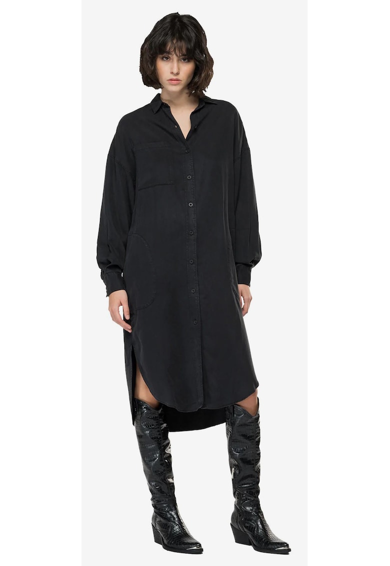 Rochie-camasa din amestec de lyocell si in cu buzunar pe piept si model uni -