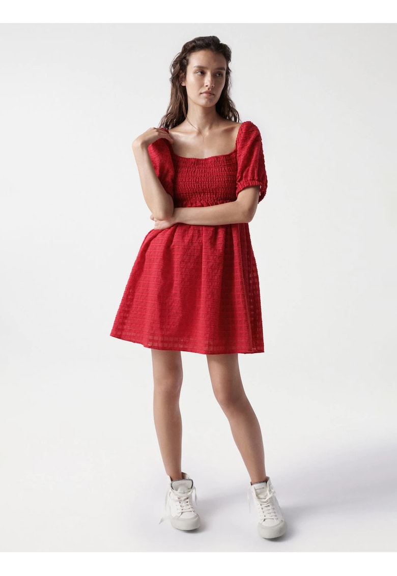 Rochie din amestec de bumbac cu fronseuri si maneci bufante -