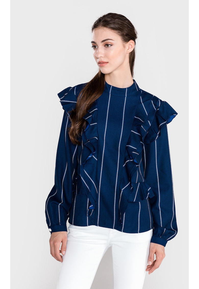 Bluza cu imprimeu in dungi si volane aplicate -