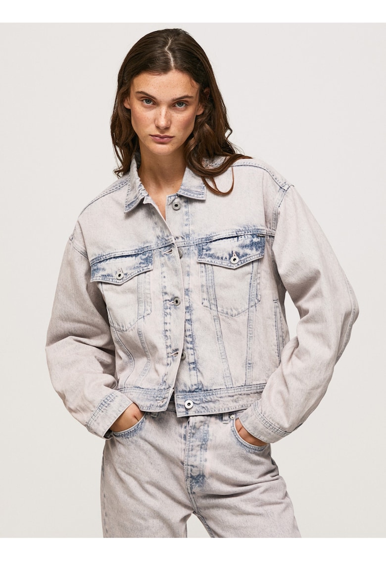 Jacheta din denim cu aspect decolorat -