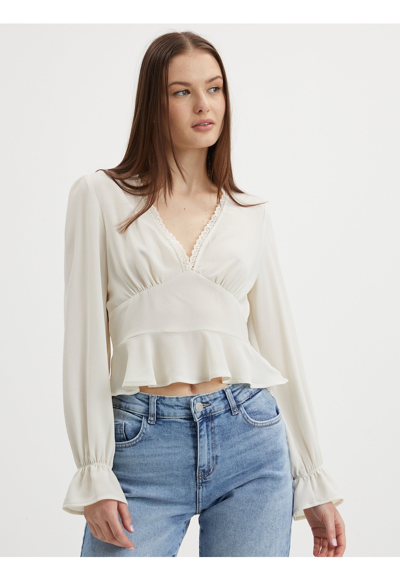 Bluza crop cu decolteu in V si design cu volane