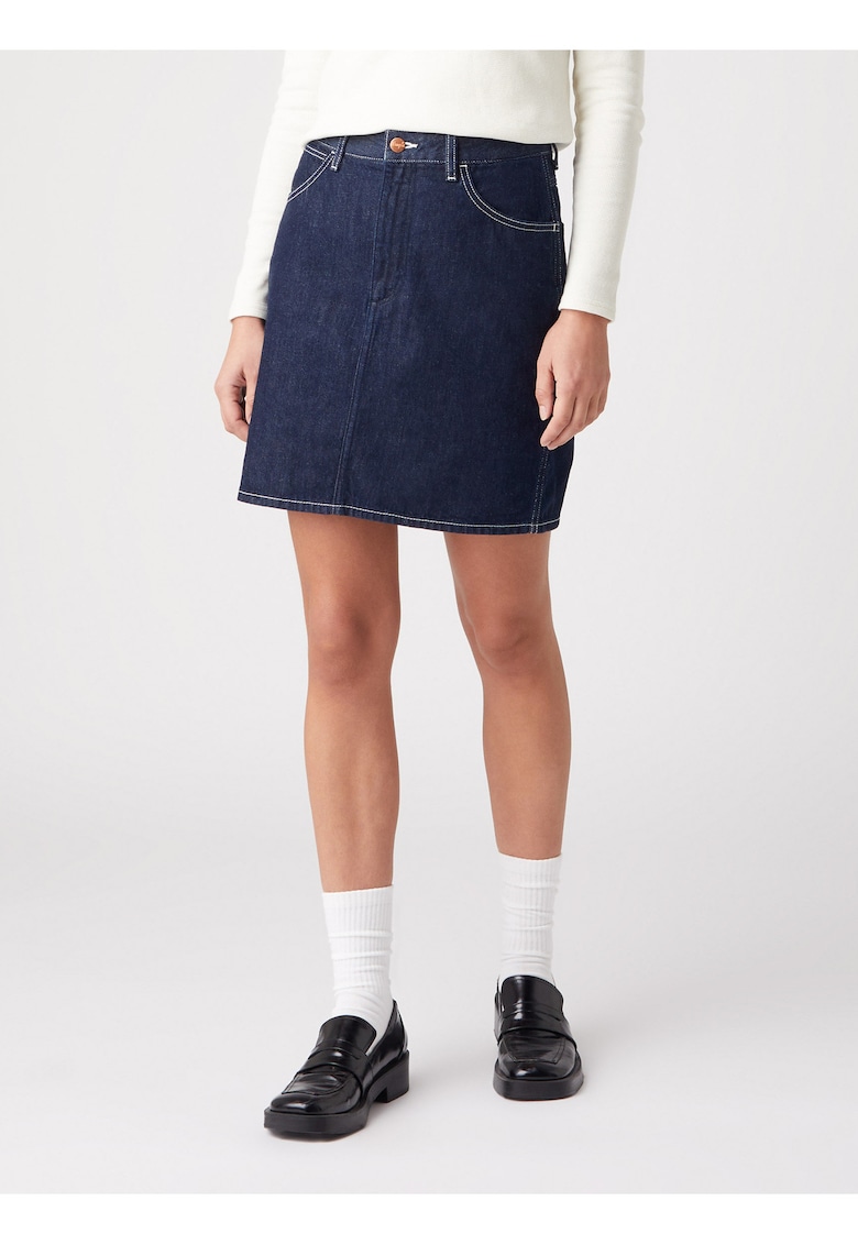 Fusta de blugi mini cu tesaturi contrastante -