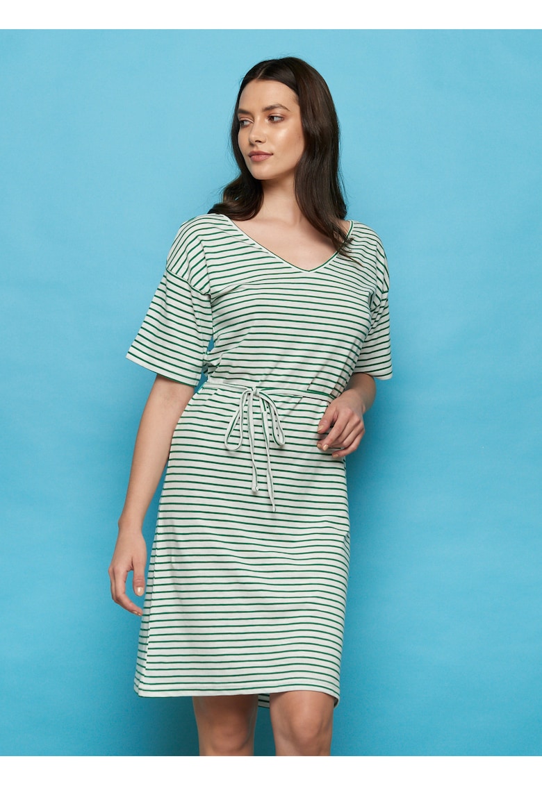 Rochie in dungi din jerseu de bumbac organic - cu decolteu in V