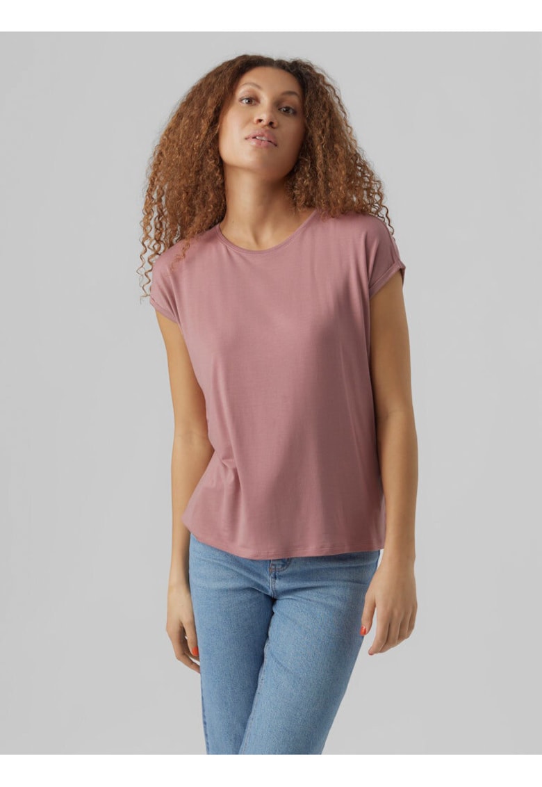 Tricou din amestec de lyocell cu model uni si decolteu la baza gatului -