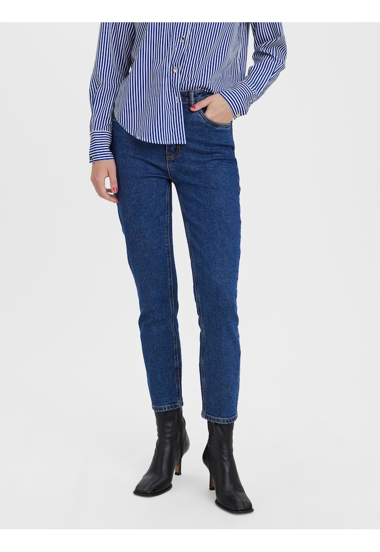 Jeans crop cu croiala dreapta uni