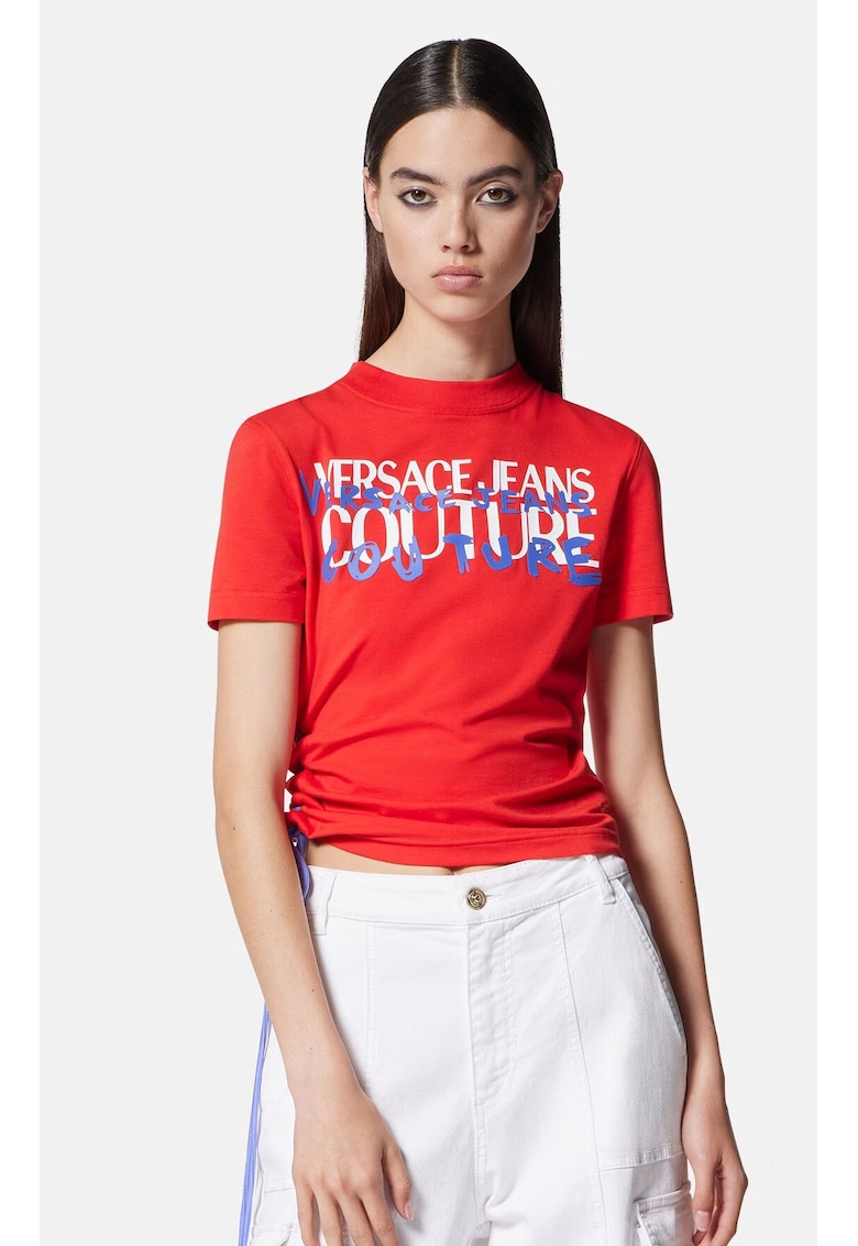 Tricou din amestec de bumbac cu snur lateral si logo