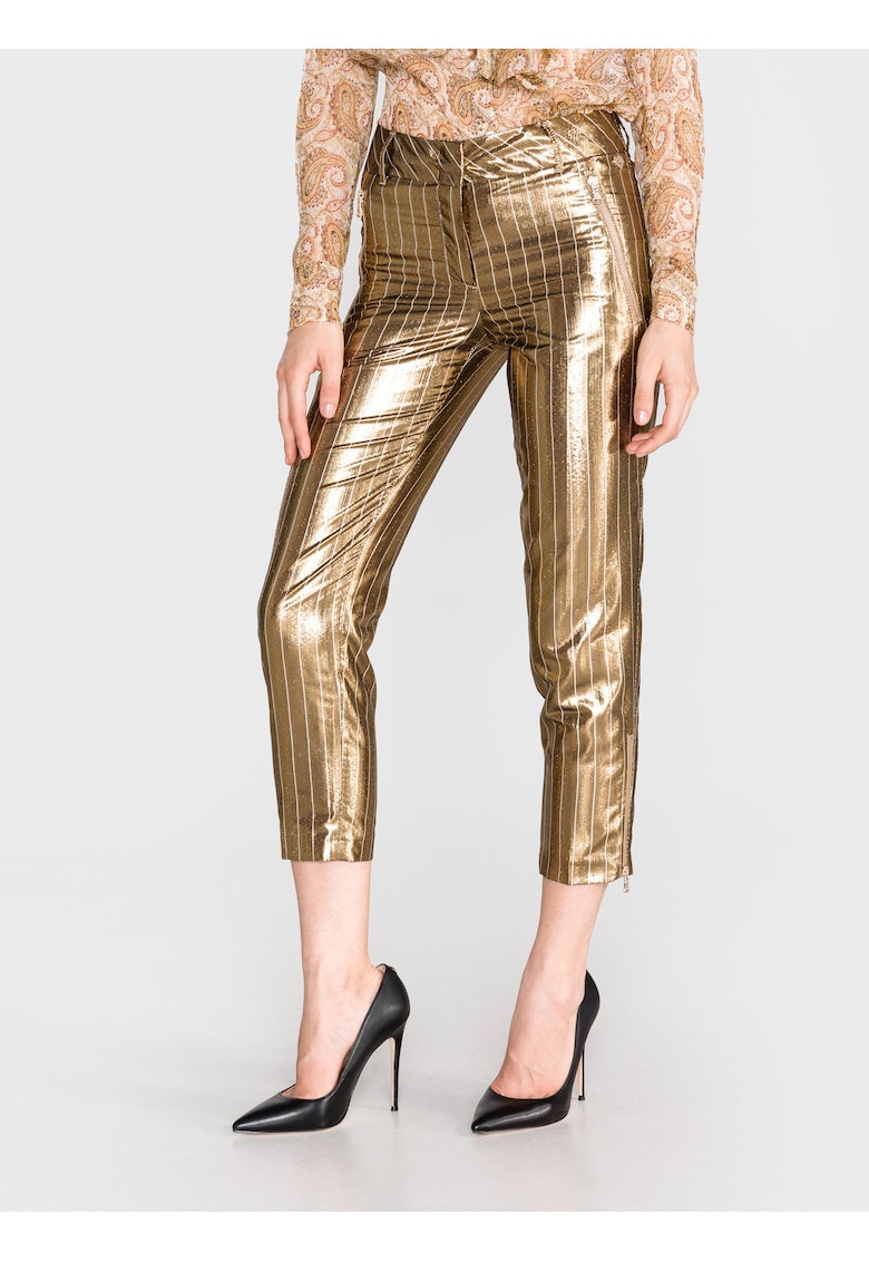 Pantaloni crop cu aspect metalic si dungi -