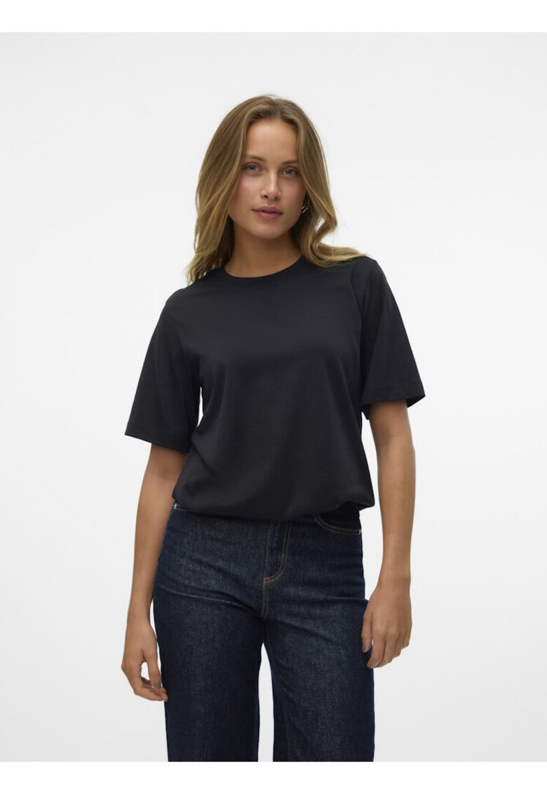 Tricou din bumbac cu model uni si decolteu la baza gatului