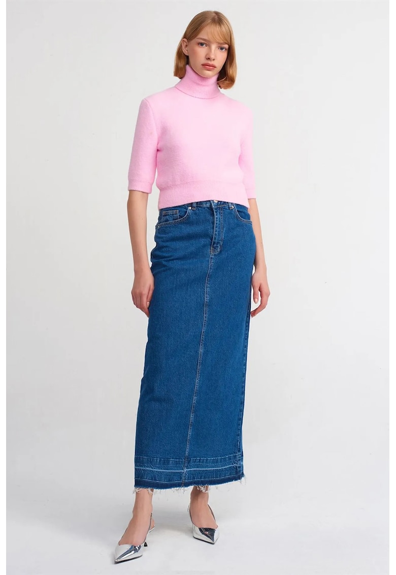 Fusta maxi - denim - albastru mediu - talie inalta - buzunare - bumbac cu elastan