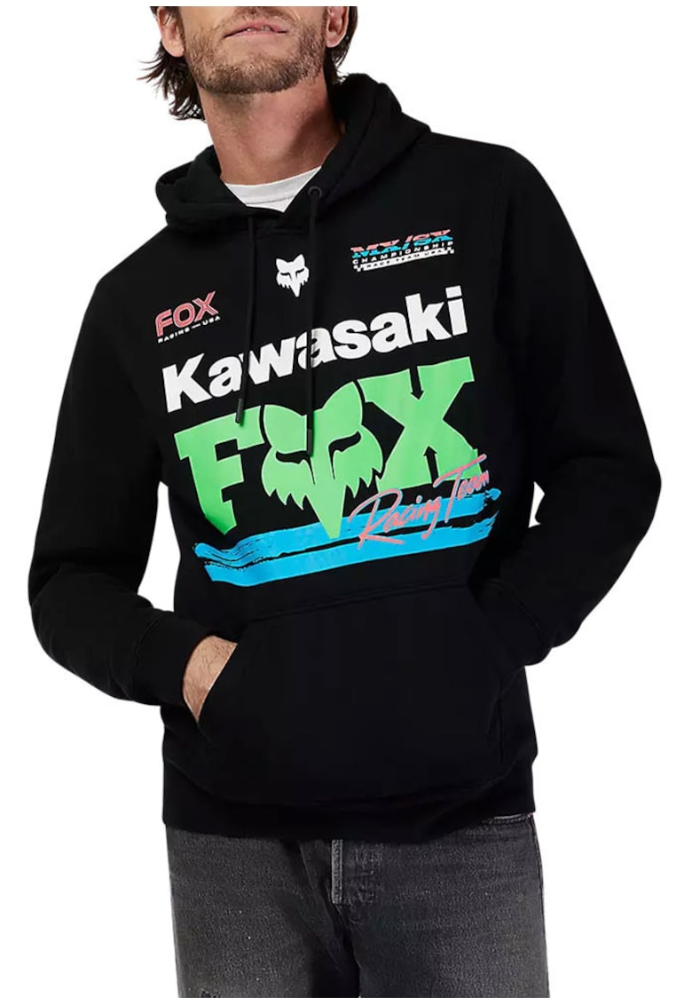 Hanorac din amestec de bumbac cu buzunar kangaroo - gluga cu snur si imprimeu frontal Kawasaki