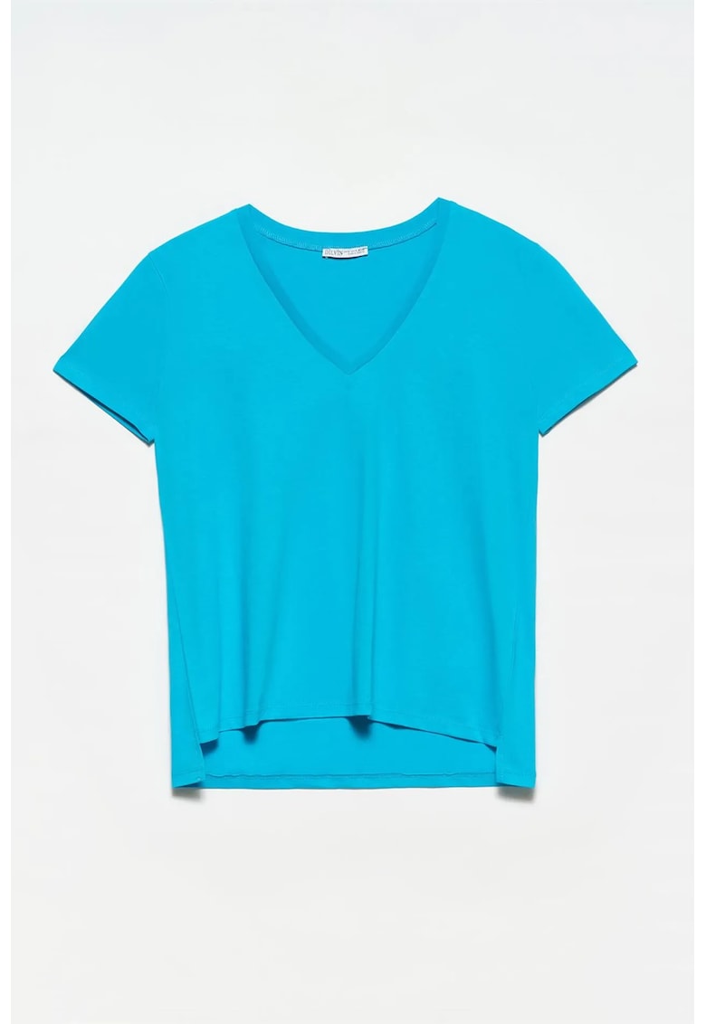 Tricou dama bumbac - decolteu in V - albastru cerulean - maneca scurta
