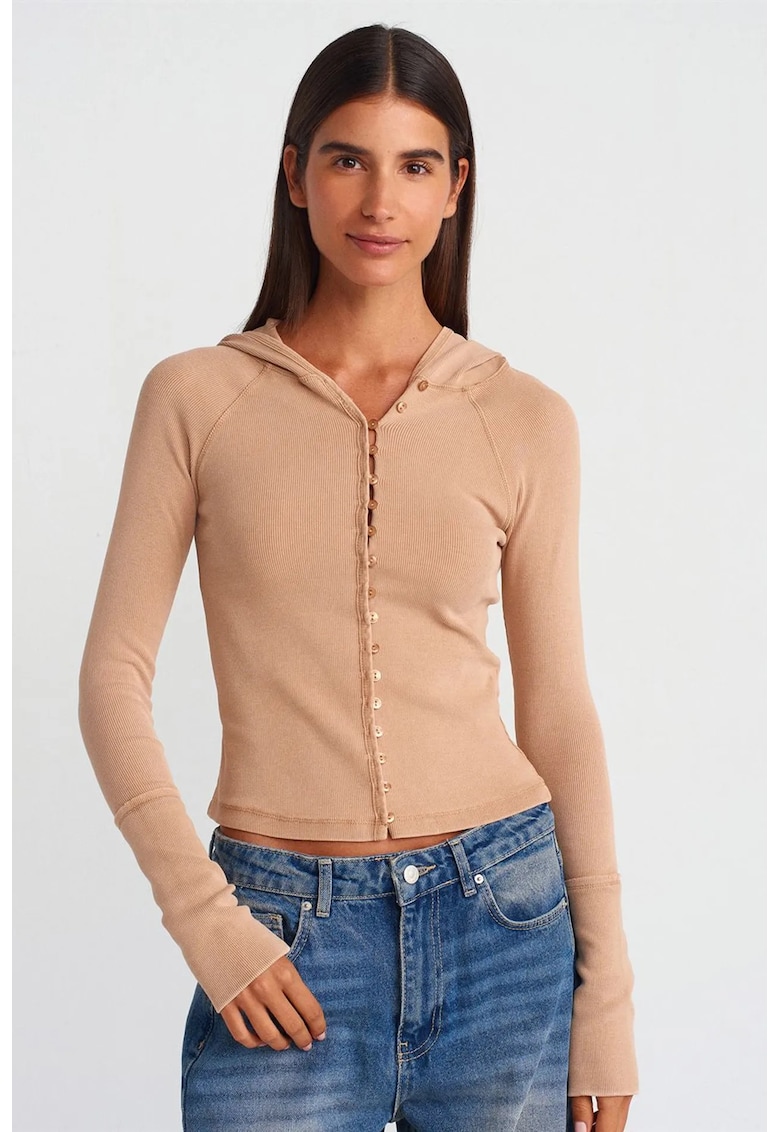Bluza scurta - maneci lungi - gluga - Natural - bumbac-elastan