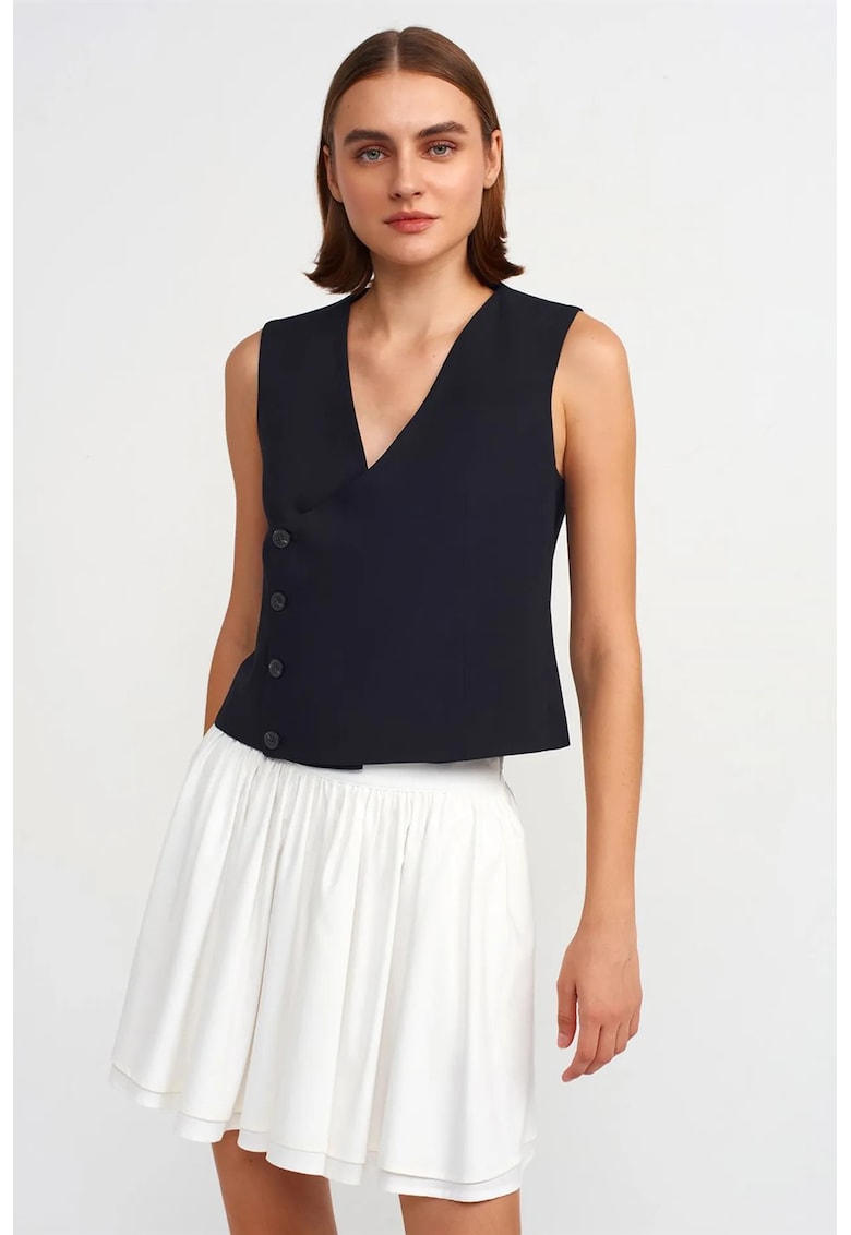 Vesta dama - crep - albastru marin - casual - fara maneci - decolteu in V - inchidere cu nasturi