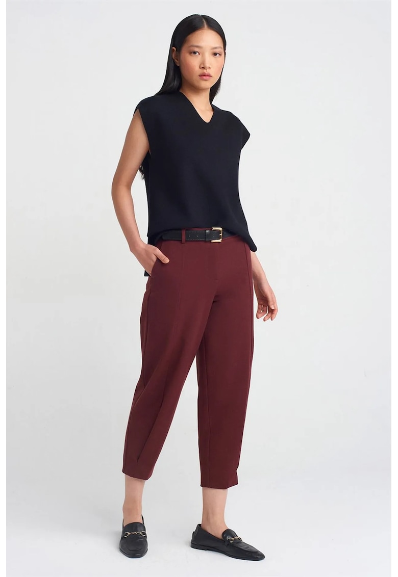Pantaloni Capri - croiala dreapta - cu cordon - rosu - poliester