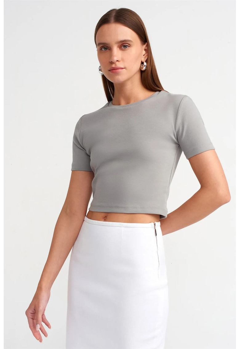 Tricou dama - slim fit - gri deschis - bumbac elastan