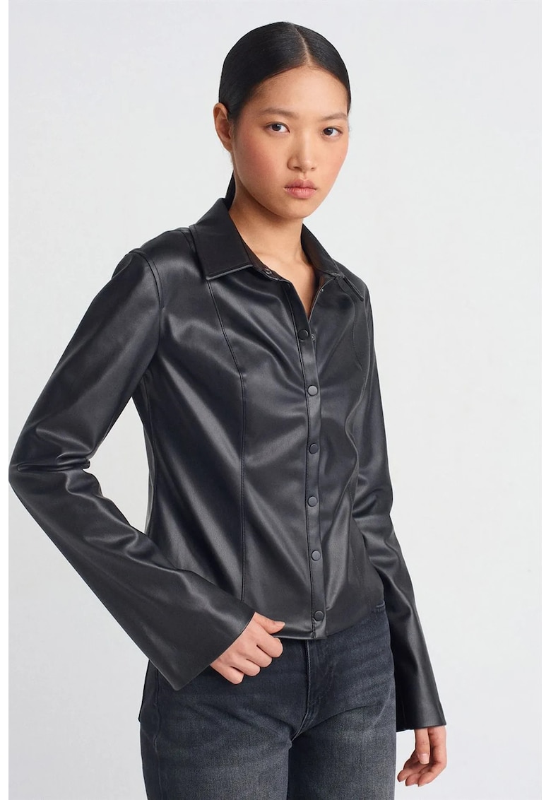 Camasi dama - camasa slim fit din piele ecologica - negru - eleganta - maneca lunga