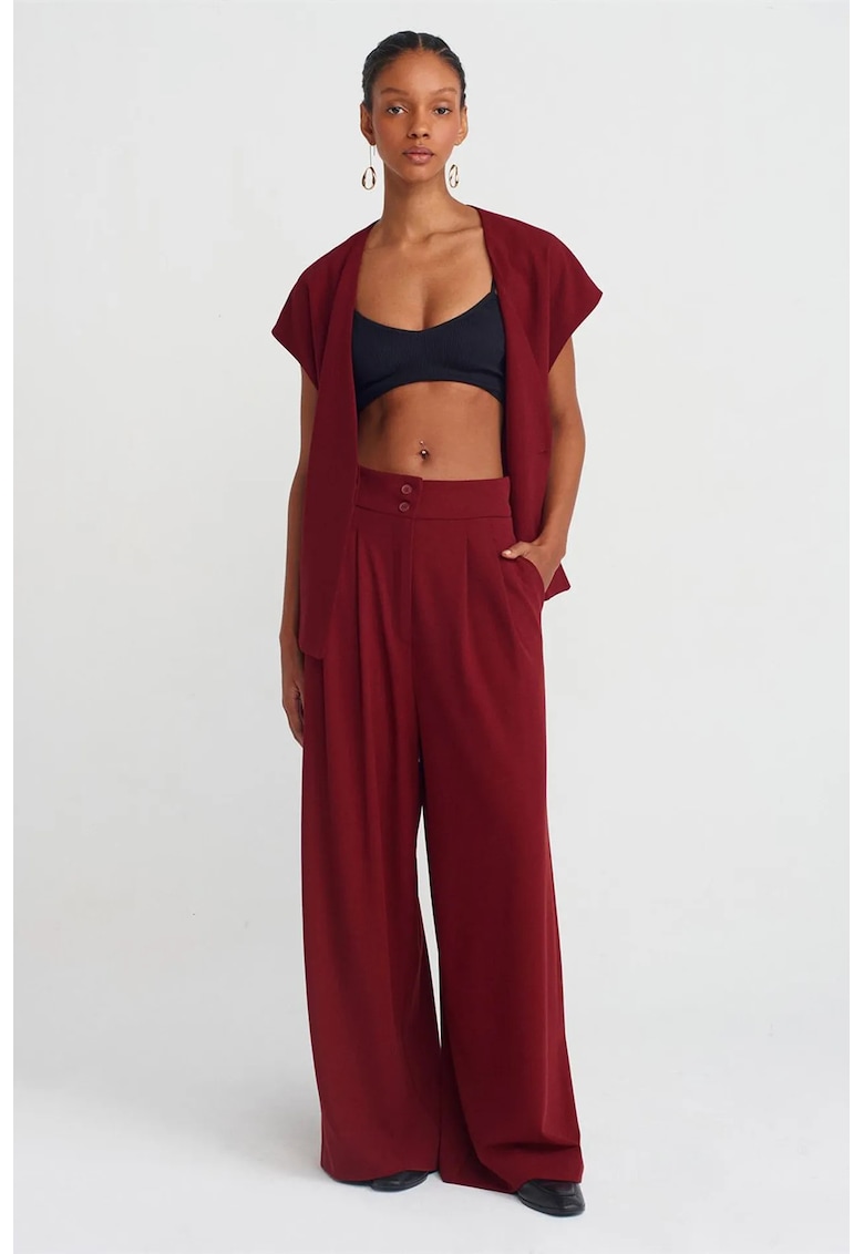 Pantaloni dama - talie inalta - plisati - rosu burgundy - poliester-viscoza-elastan
