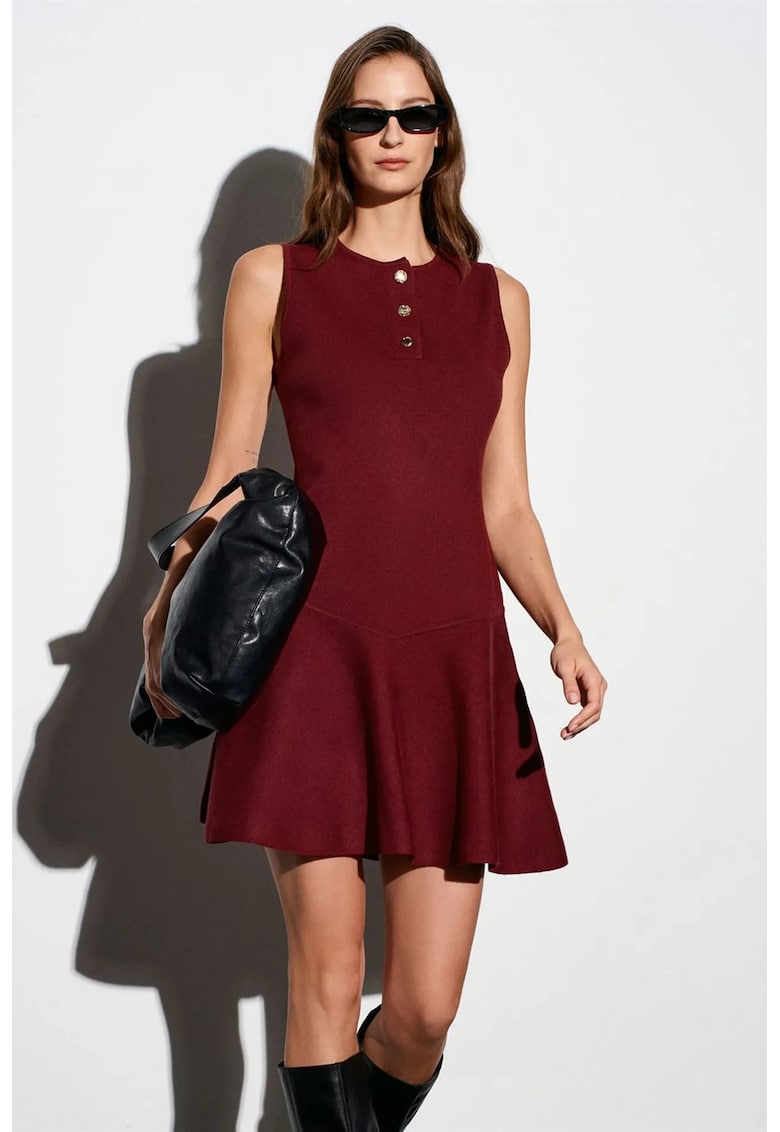 Rochie Mini Skater Femei - Casual - Evazat - Rosu Burgundy - Tricotata Fara Cusaturi - One Size