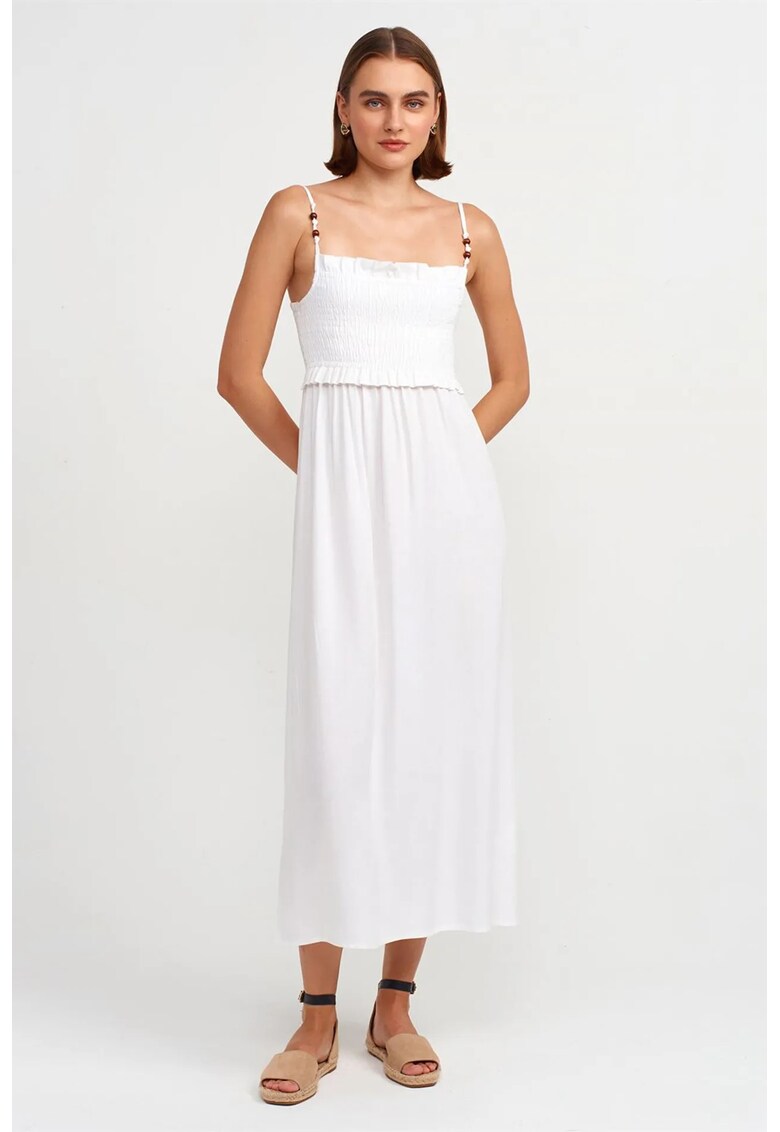 Rochie Midi Femei Alb - Fara Maneci - Decolteu Patrat - Volanase - 70% Viscoza/30% In