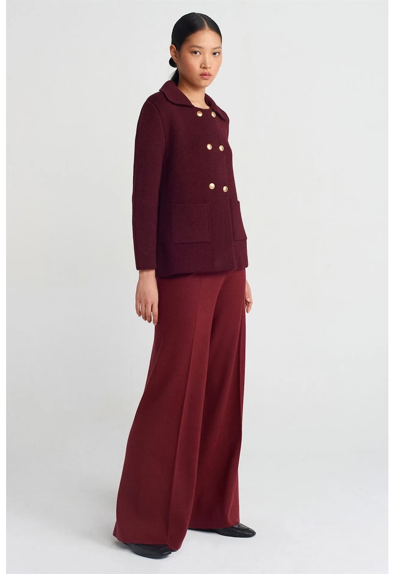 Pantaloni dama - tricotati - picior larg - elastic - rosu burgundy - fara inchidere -