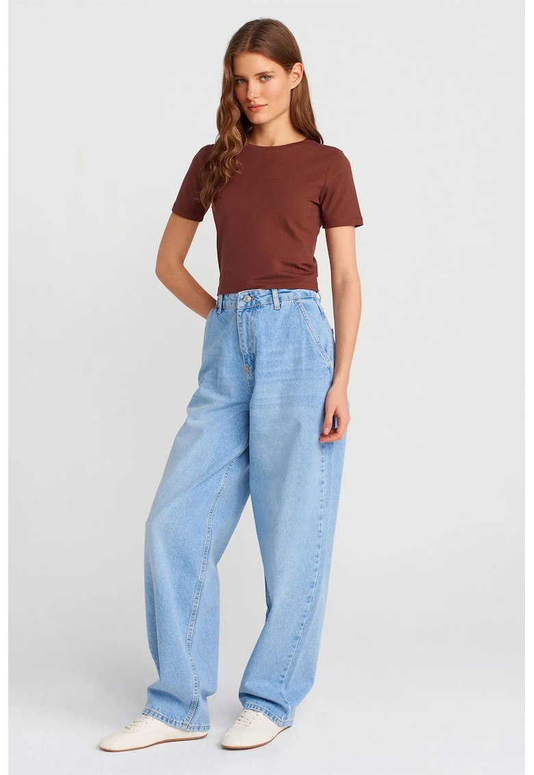 Blugi dama - High-Waist Balloon Wide-Leg - bumbac - albastru deschis-mediu