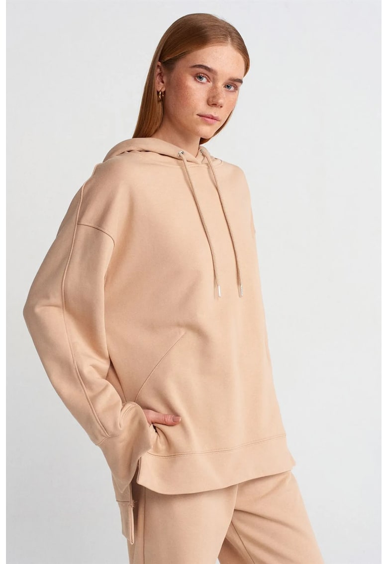 Hanorac dama - oversized - din bumbac - cu gluga - bej natural