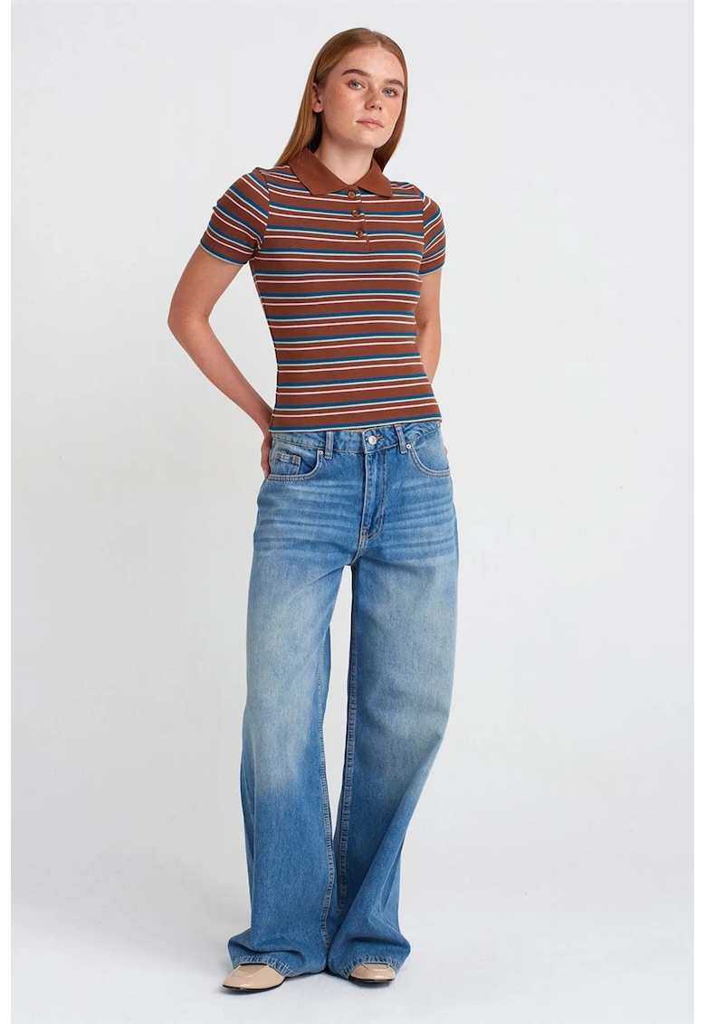 Blugi dama - talie inalta croiala larga - denim albastru deschis-mediu - 100% bumbac