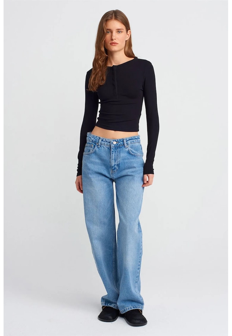 Blugi dama talie inalta - croiala dreapta - denim albastru deschis-mediu - 100% bumbac