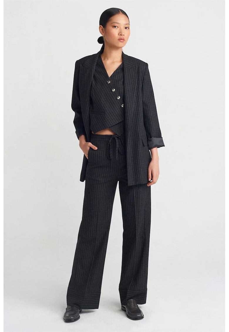 Pantaloni dama - cu dungi - croiala larga - negru - poliester-viscoza-elastan