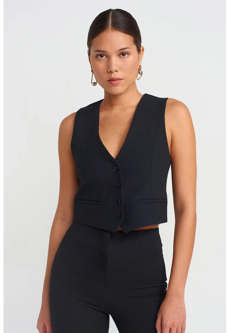 Vesta scurta - casual - negru - crep - fara maneci - inchidere cu nasturi