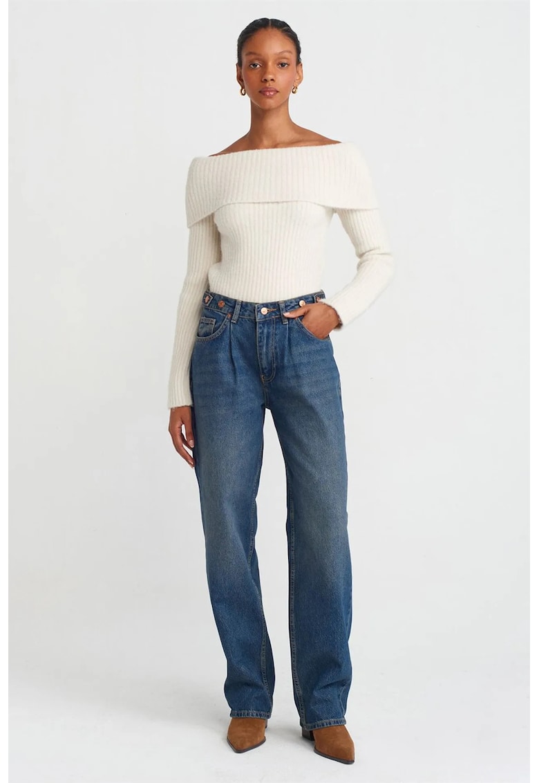Blugi dama - talie inalta - picior larg - denim albastru mediu - 100% bumbac