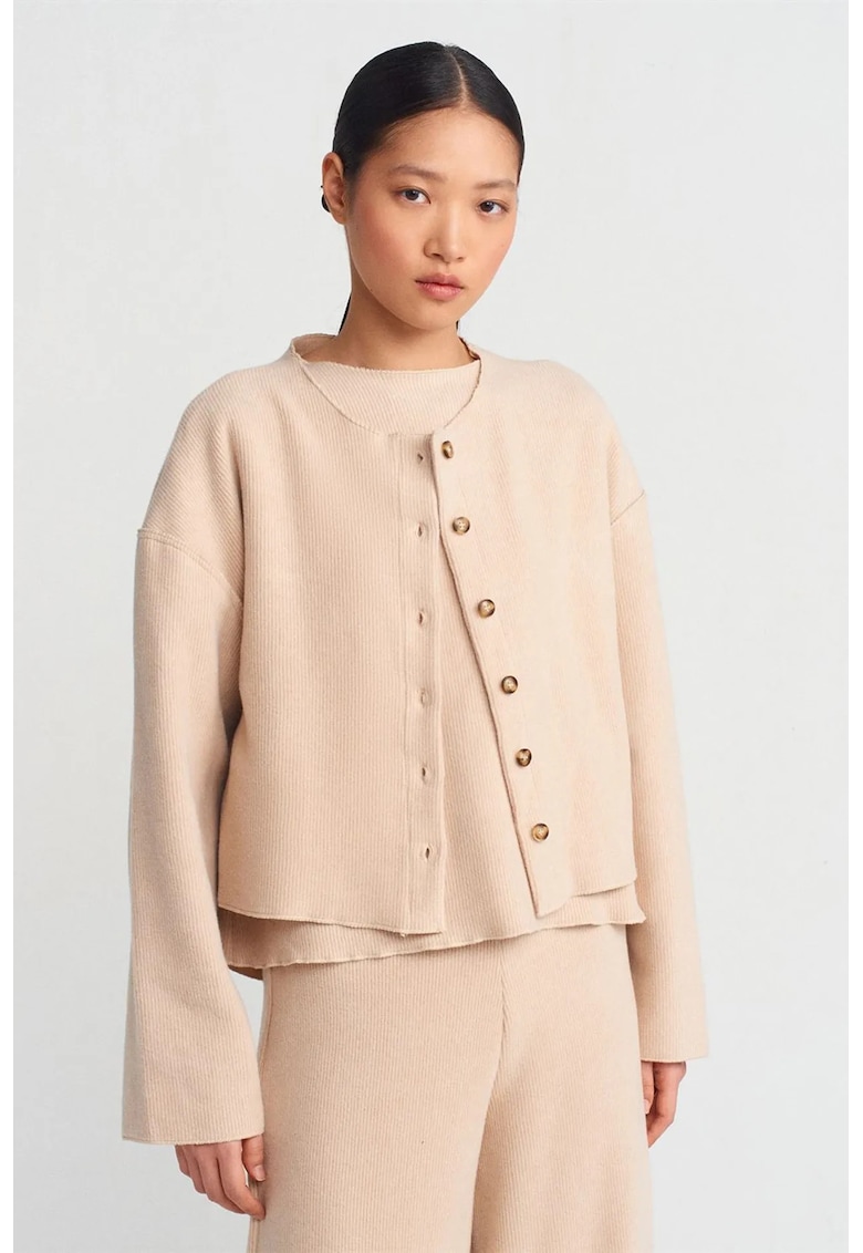Cardigan dama - guler rotund - nasturi - bej natural - tricotaj poliester-bumbac