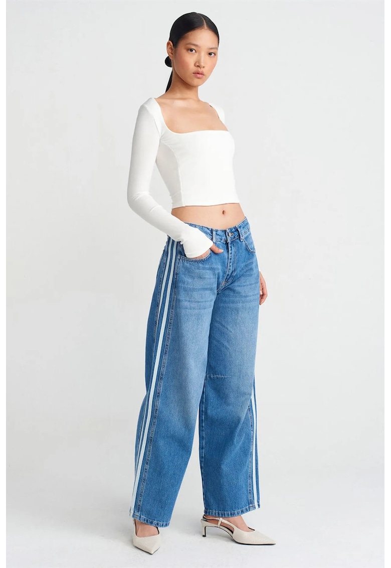 Blugi dama talie inalta - croiala larga - denim albastru mediu - 100% bumbac