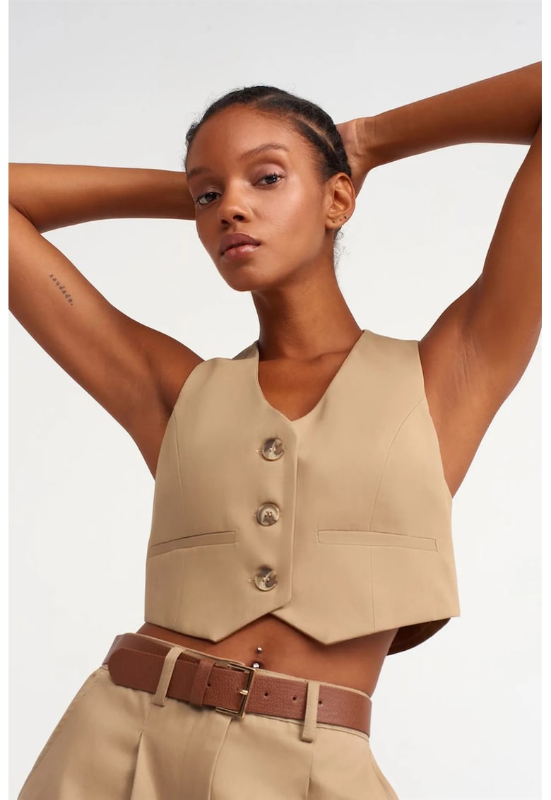 Bluza dama - crop - decolteu in V - bej natural - bumbac