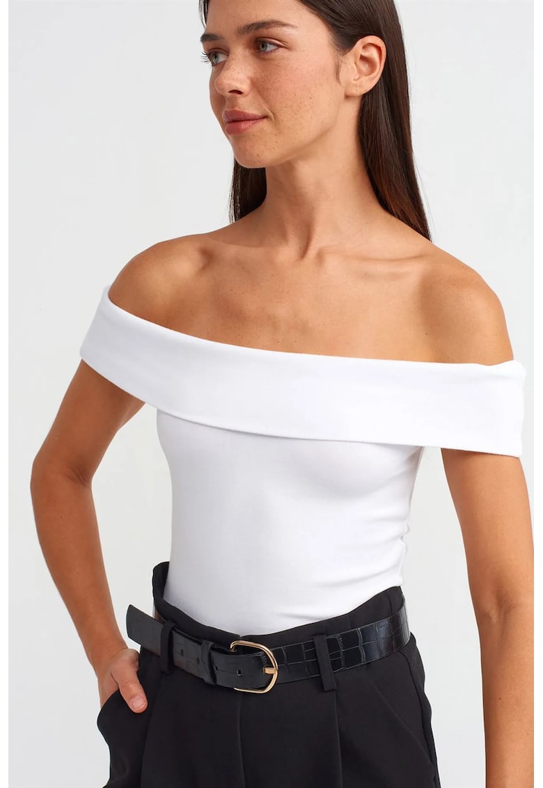 Bluza dama - bluza slim-fit cu umeri goi - alb - elastic - bumbac/modal/elastan