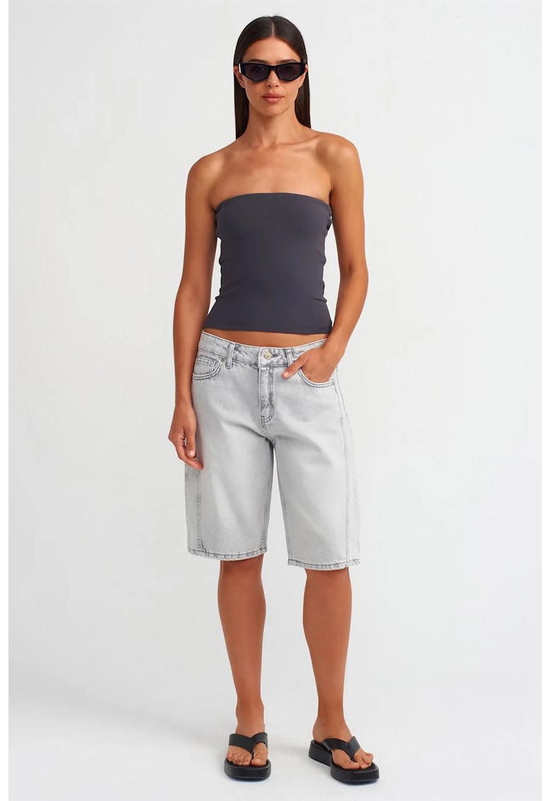 Pantaloni scurti - denim - talie medie - picior larg - albastru deschis - 100% bumbac