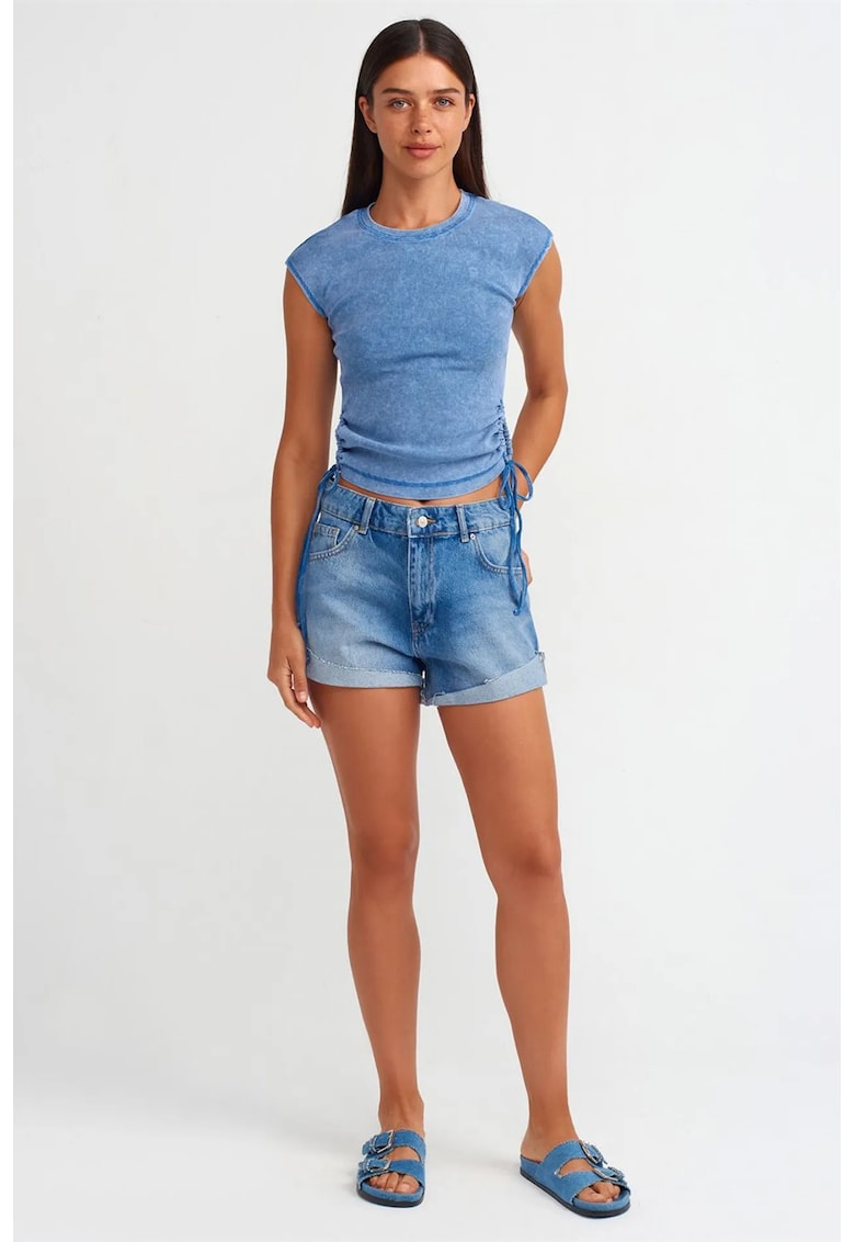 Pantaloni scurti - talie inalta - denim albastru deschis - 100% bumbac