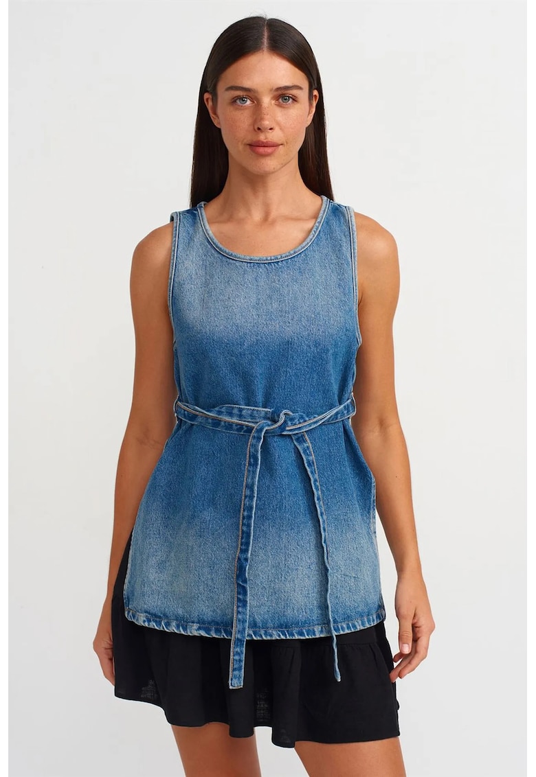 Bluza tunica din denim de bumbac - albastru - croiala regular fit - detalii cu snur