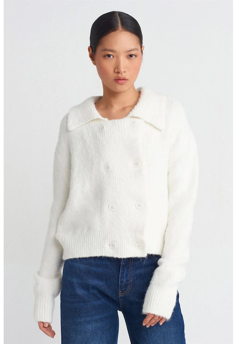 Cardigan - guler polo - nasturi - alb prafuit - tricot mediu -