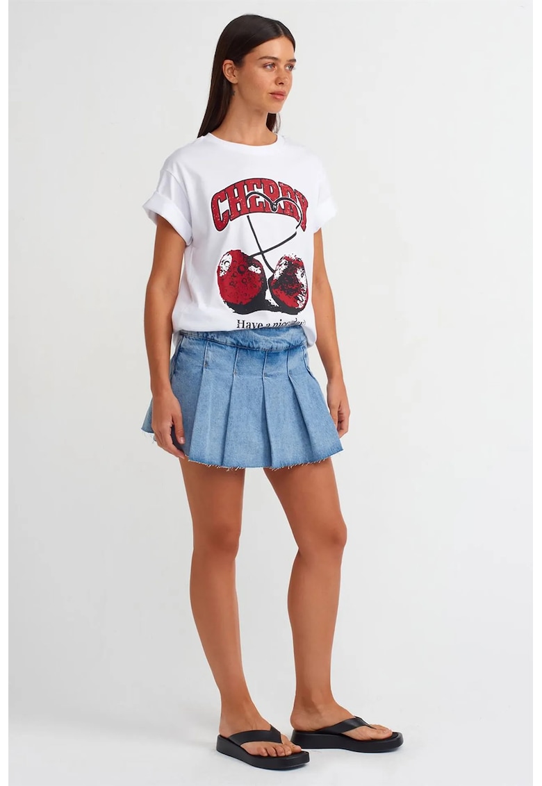 Fusta Mini Skater din Denim - Talie Medie - Albastru Deschis-Mediu - Casual - Fermoar