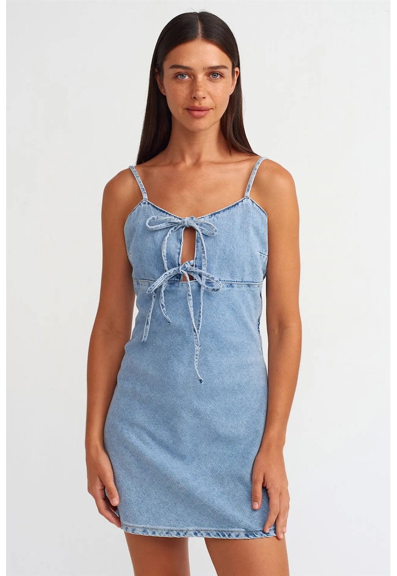 Rochie mini - A-line - decupaje - denim albastru deschis - bumbac