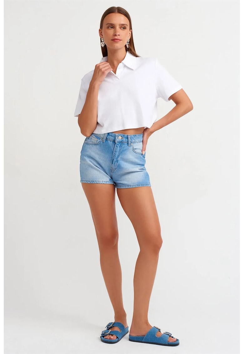 Pantaloni scurti - Mom - talie inalta - denim albastru deschis-mediu - 100% bumbac