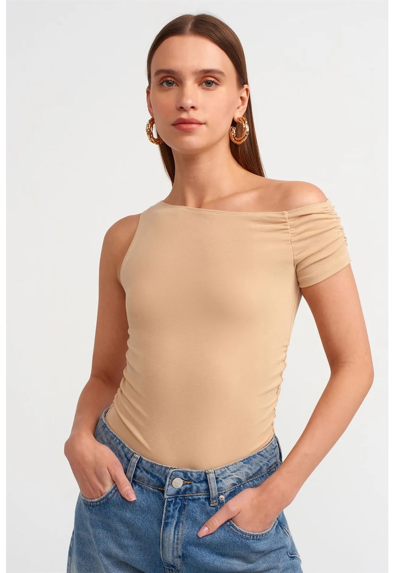 Bluze dama - slim-fit - drapaj - bej natural - bumbac cu elastan