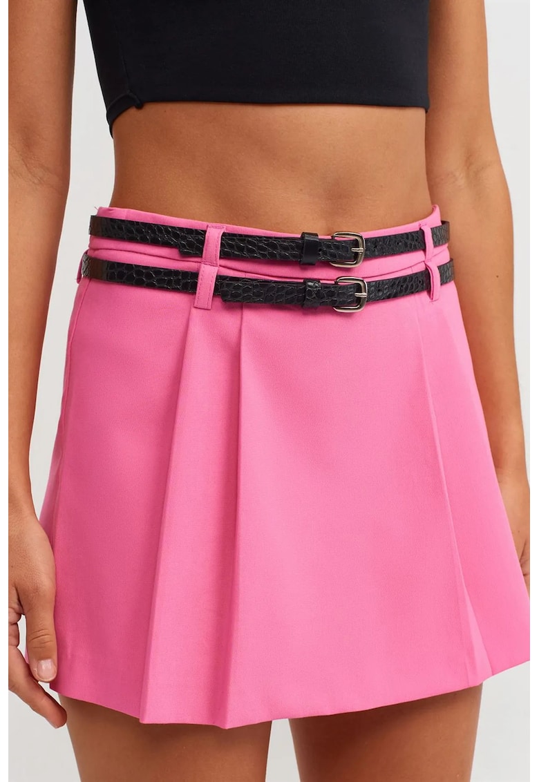 Fusta mini skater eleganta - roz aprins - cu talie inalta si curea - din bumbac/poliester/elastan