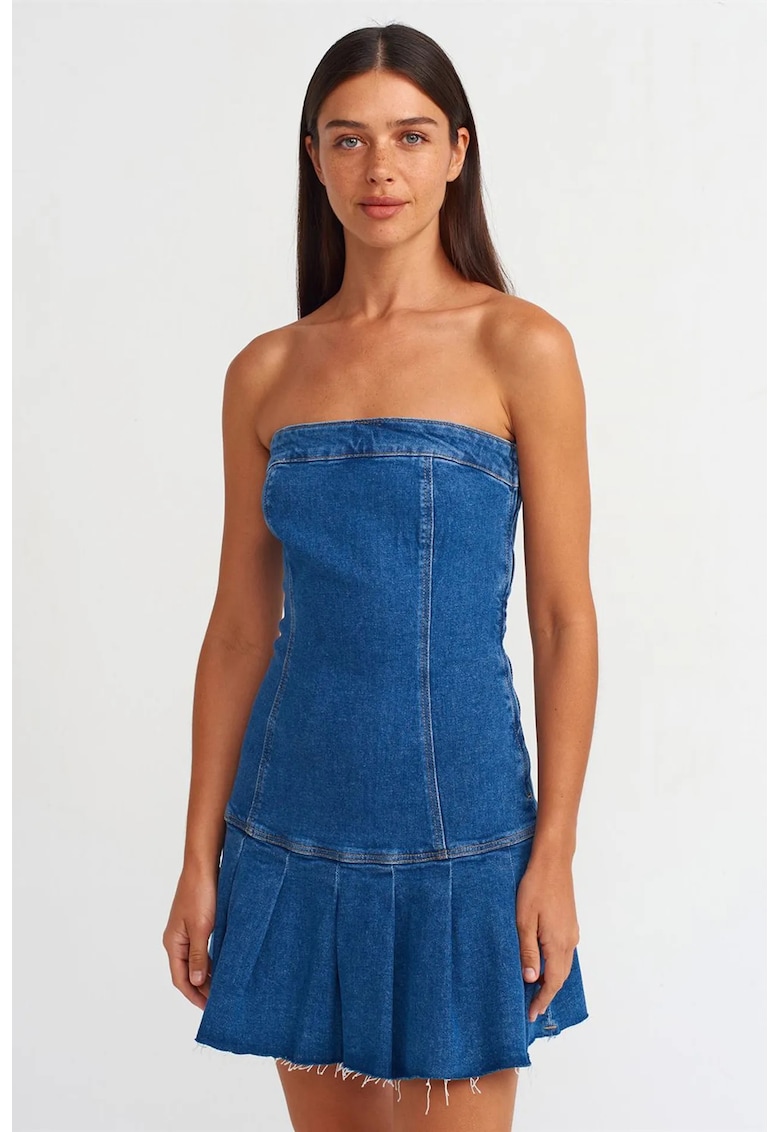 Rochie Mini - Denim Stramt - Albastru Mediu - Fara Bretele - Volanase