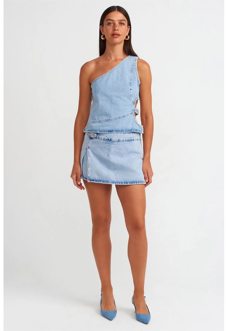 Fusta mini A-line - denim albastru deschis - talie medie - 100% bumbac
