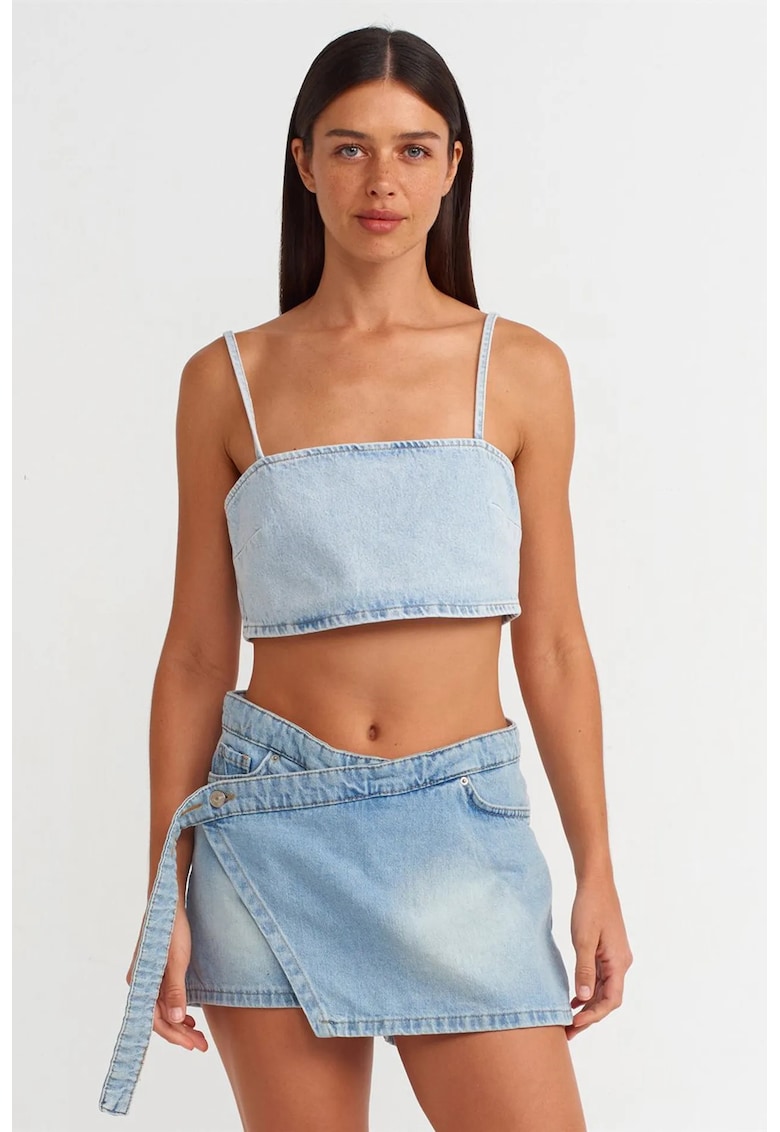 Fusta mini skater - denim - talie medie - albastru deschis - bumbac