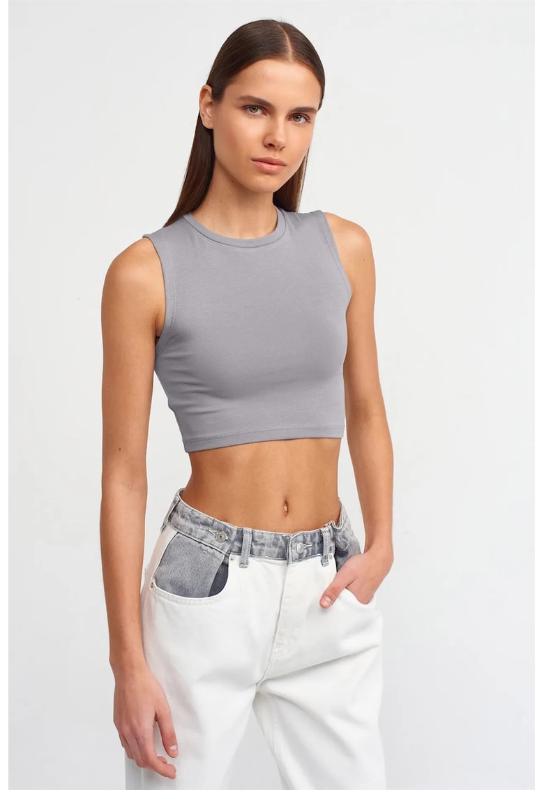 Top scurt fara maneci - gri ardezie - bumbac cu elastan - casual -
