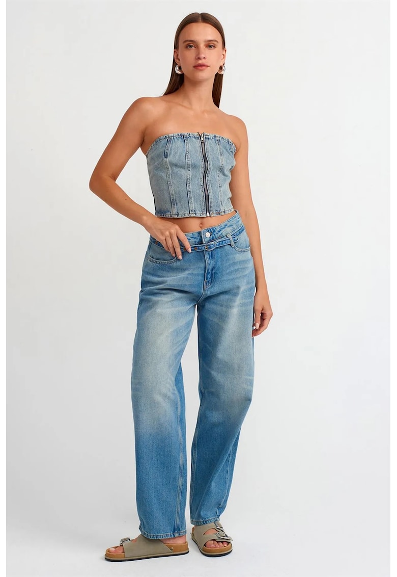Blugi dama - talie inalta - croiala balon - picior larg - denim albastru deschis-mediu