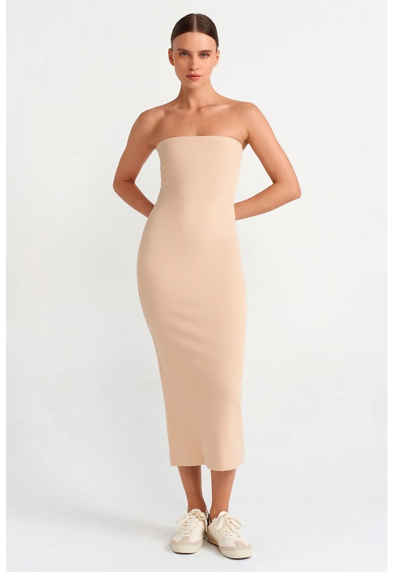 Rochie Midi - Bodycon - Bej Natural - Elegant - Bumbac-Elastan